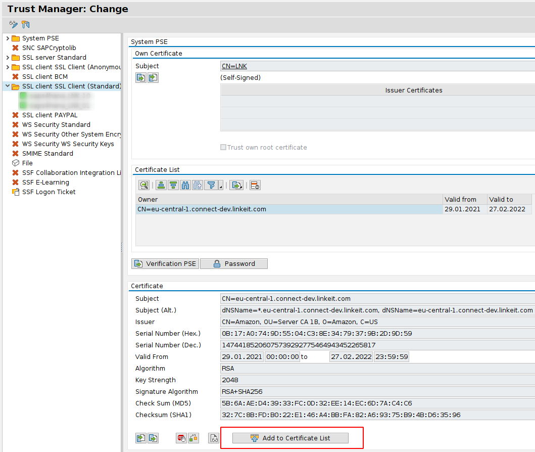 Add certificate to STRUST