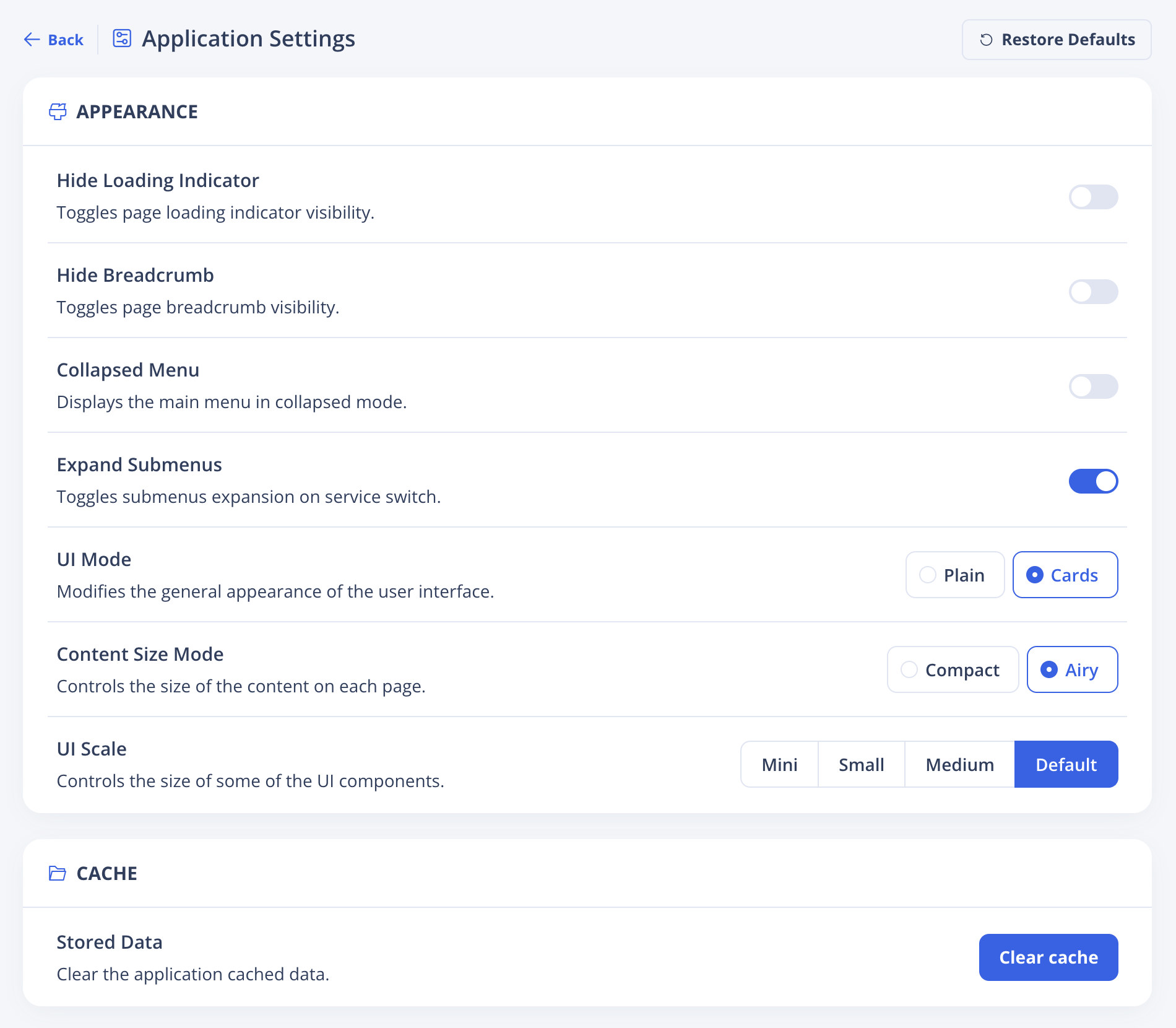 Application Settings Section